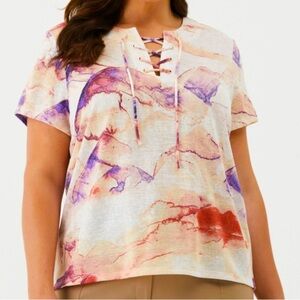 SIZE 3X Ella by Rafaella Women's Plus Watercolor Print Lace-Up Tee New with Tags